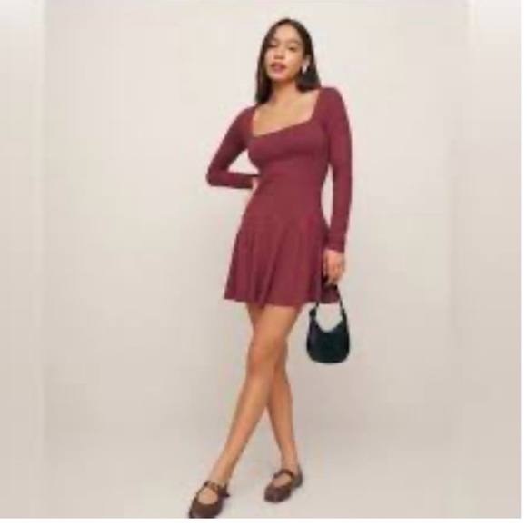 Reformation Wine Long Sleeve Dress square neck size Large nwt - Picture 1 of 9